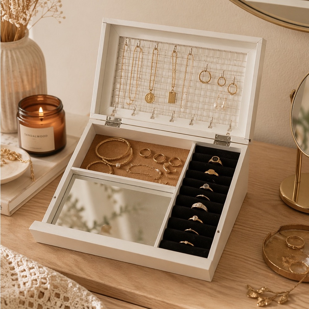 Foldable/Collapsible Jewelry Shelf With Mirror - Earrings, Rings, Bracelets